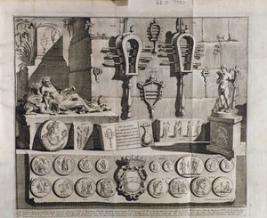 The sistrum (sistra), olika representationer från De sistrum av Benedictus Bacchinius (1651-1721) av Italian School