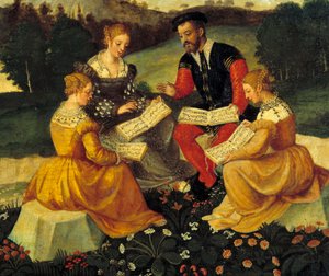 Vokalkonserten Painting of the Italian School. 1500-talet. Bourges, Hotel Lallemant - The Bucolic Concert. Målning av den italienska skolan. 1500-talet. Hotel Lallemant, Bourges, Frankrike av Italian School