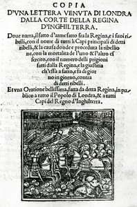 Titelsida för en kopia av ett brev skickat från domstolen för drottningen av England (träsnitt och boktryck)