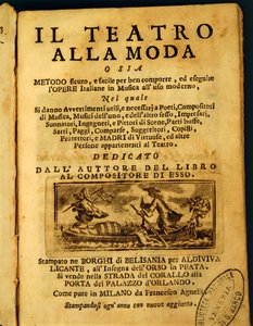 Titelsidan för "Teatro della Moda", av Benedetto Marcello (litho) av Italian School