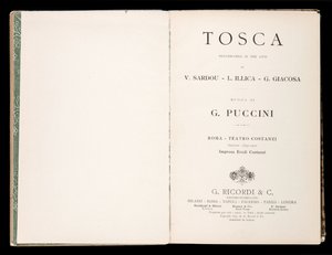 Titelsida, Libretto della Tosca, av Giacomo Puccini, Ricordi Edition, Italien av Italian School