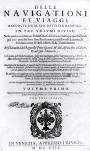 Titelsida till volym I av Delle Navigationi et Viaggi av Giovanni Ramusio (1485-1557) publicerad 1613 av Italian School