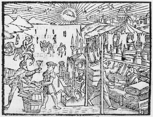 Handel i Skandinavien, illustration från History of the Northern Nations av Olaus Magnus (1490-1558), publicerad i Rom, 1555 av Italian School