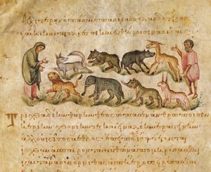Avhandling om de många djurarter som bebor jorden, illustration från Cynegetica av Oppian (tempera på vellum) av Italian School