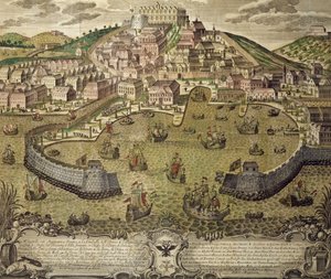 Trieste stad och dess fria hamn, färgad gravyr, Italien av Italian School