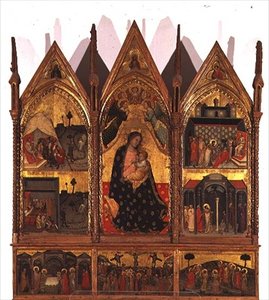 Triptyk: Madonna and Child Enthroned flankerad av scener från S:t Bartolomeus liv med en predella panel av scener från Kristi liv, School of the Marches av Italian School