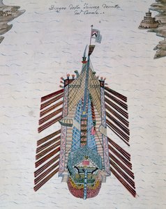 Trireme (skepp med tre bankar åror), från On maritime militia treatise, av Cristoforo Canal (1510-1562), Italien av Italian School