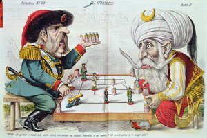 Turkiet och Ryssland spelar ett strategispel, från Le Perroquet, 1877 av Italian School