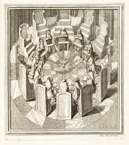 Tolv domare i Rota ber i en cirkulär sal som omger den Helige Ande, pub. 1717 (gravyr) av Italian School