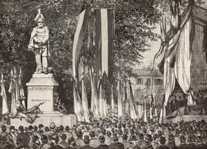 Avtäckning av monumentet till general Giacomo Medici, Milano, Italien, gravyr från teckning av Edoardo Ximenes från fotografiet Rossi, från L
