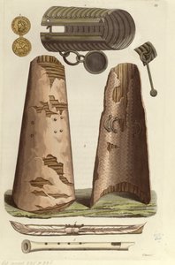 Olika vikingaföremål: bronsarmband, guldmedalj med runalfabet, sköldar, flöjter. Illustration av V. Raineri från 