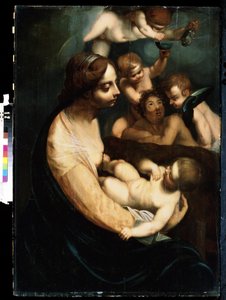 ""Madonna och barn och änglar"" (Jungfru och barn med änglar) Italiensk målning från början av 1600-talet. Mikhail Kroshitsky konstmuseum, Sevastopol (Sevastopol) Ukraina av Italian School