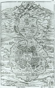 Utsikt från norr om den aztekiska staden Tenochtitlan, från Relatione della Citta del Temistitan av Giovanni Battista Ramusio (1485-1557) publicerad i Venedig 1606 av Italian School