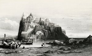 Vy över Ischia Island, gravyr, Italien av Italian School
