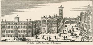 Vy över Piazza San Crispino och Ferrara katedral, gravyr, Italien av Italian School