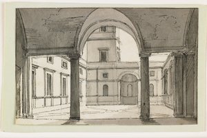 Utsikt över en italiensk pelargång och innergård, tidigt 1800-tal (penna & brunt bläck & grå tvätt över svart krita) av Italian School