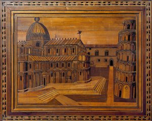 Utsikt över katedralen i Pisa (Duomo di Santa Maria Assunta di Pisa) och det lutande tornet (Torre-hänget) på Mirakeltorget (Piazza dei Miracoli) Intarsia från 1400-talet. Bevarad i katedralens prästgård, Pisa av Italian School