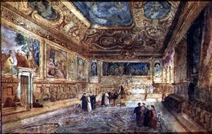 Utsikt över interiören av Dogepalatset i Venedig, ca 1840 (akvarell på veläng) av Italian School