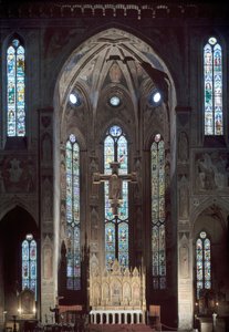 Utsikt över cappella maggiore i kyrkan Santa Croce, med fresk, tidigt 1300-tal av Italian School