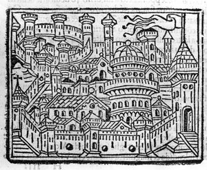 Utsikt över staden Aosta i Italien. Gravyr i "" Tillägg till krönikorna "" av Fra Jacopo Filippo Foresti, Venedig av Italian School