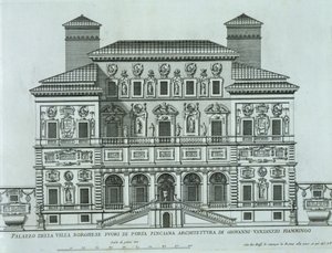 Vy över fasaden av Villa Borghese, Rom av Italian School