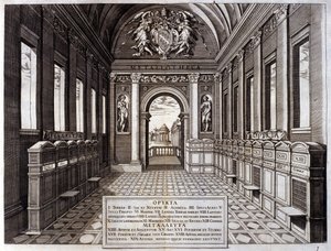Utsikt över museet för Michele Mercati (1541-1595), förvaltare av Vatikanens botaniska trädgård. Gravyr från "" Metallotheca..." Rom 1717 - 1719 av Italian School
