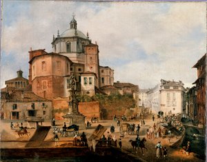Utsikt över torget Vetra och absiden av basilikan San Lorenzo Anonym målning. Slutet av 1800-talet. Milano, Milanos museum av Italian School