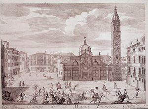 Utsikt över torget i kyrkan Santa Maria Formosa a Venedig Gravyr från "" Teatro di Venezia"" 1700-talets Venedig, Museo Correr av Italian School