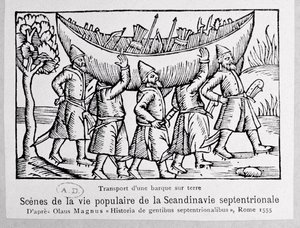 Vikings Carrying a Boat to Russia, illustration från History of the Northern Nations av Olaus Magnus (1490-1558), publicerad i Rom, 1555 av Italian School