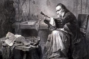 Violinmakare i sin verkstad (gravyr) av Italian School
