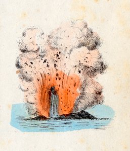 Vulkan på de Eoliska öarna i utbrott, med en hög lavaström åtföljd av explosionen av en riklig mängd gas och aska, Litografi Corbetta, Milano av Italian School
