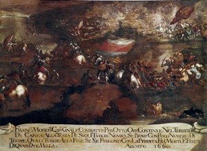 War of Candia (Kreta):: "" Slaget vid Chania ledd av Francesco Morosini (1619-1694) i augusti 1660" (Kretensiska kriget (1645-69): attacken av Canea ledd av Francesco Morosini i augusti 1660) Målning av Venetiansk skola av Italian School