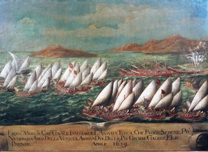 War of Candia (Kreta): den venetianska flottan under kampanjen ledd av Doge Francesco Morosini mot turkarna 1659 Målning av den venetianska skolan. 1600-talet - Venedig, Correr Museum av Italian School
