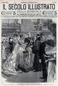 Bröllop av drottning Wilhelmina av Nederländerna och hertig Henrik av Meckleburg 1901 - Bröllop av drottning Wilhelmina av Nederländerna (1880-1962) och hertig Henrik av Meckleburg Schwerin (1876-1934) - omslag till "Il secolo illustrato" den 24 februari av Italian School