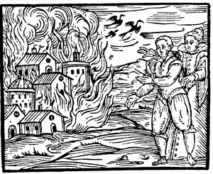 Häxor som förstör ett hus genom brand, Schwaben 1533, illustration från Compendium Maleficarum av Francesco Maria Guazzo, 1608 av Italian School