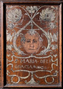Trätallrik dekorerad med ett ansikte och inskriptionen "Santa Maria delle Gracia" ", sacristy del bramante 1429-1481 Basilica di Santa Maria delle Grazie Milan (träbänk dekorerad med ett ansikte och inskriptionen" Santa Maria delle Gracia "", Bramante sacr av Italian School
