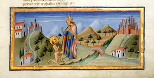 Yates Thompson 36, f.149, Den nakna gestalten av St. Franciskus, mottar välsignelsen av biskopen av Assisi, från 
