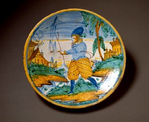Ung man av adeln. Keramisk platta tillverkad i Viterbo, Italien. Slutet av 1500-talet Florens, Museo Nazionale del Bargello av Italian School