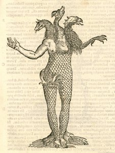 illustration av ett trehövdat monster med huvudet på en räv, drake och örn från Aldrovandis History of Monsters, 1642 av Italian School