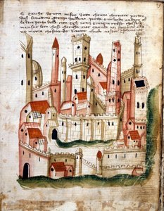 Utsikt över staden Jerusalem, från Libro dOltramare av Niccolo da Poggibonsi (penna & bläck och tempera på veläng)