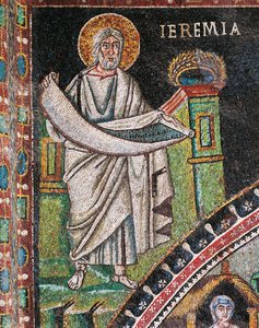 Profeten Jeremiah, mosaik, till vänster om lunetten, norra muren av prästhuset, basilikan San Vitale (UNESCO:s världsarvslista av Italian School