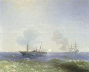 Ryska: "Ångaren Vestas kamp mot det turkiska slagskeppet Fehti-Bulend i Svarta havet den 11 juli 1877 " Ångaren Vestas kamp mot det turkiska slagskeppet Fehti-Bulend i Svarta havet den 11 juli 1877