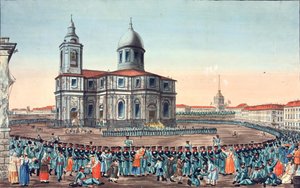 Folkmilis mottogs på St Isaacs-torget i Sankt Petersburg, 1815