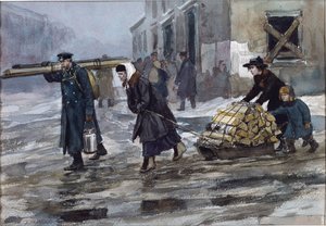 En familj med en ingenjör som släpar hem lite bränsle av Vladimirov, Ivan Alexeyevich (1869-1947). Akvarell, Gouache på papper av Ivan Alexeyevich Vladimirov