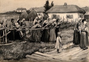 En religiös kolera procession på landsbygden i Ryssland från serien av akvareller ryska revolutionen,