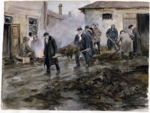 Bourgeois nettoyant une etable - Borgerlighet som städar stallet (från serien av akvareller ryska revolutionen) - Vladimirov, Ivan Aleksijevitj (1869-1947) - 1920 - Akvarell på papper - 25,8x34,4 - Privat samling av Ivan Alexeyevich Vladimirov
