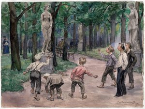 Idrottstävling i den kejserliga trädgården, Sankt Petersburg (barn kastar sten på en staty av en naken kvinna) - Idrottstävling i den kejserliga trädgården: Petrograd, juli 1921 (från serien av akvareller ryska revolutionen) - Vladim av Ivan Alexeyevich Vladimirov
