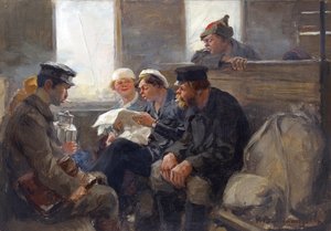 Grupp bolsjeviker på ett tåg av Vladimirov, Ivan Aleksijevitj (1869-1947). Olja på trä av Ivan Alexeyevich Vladimirov