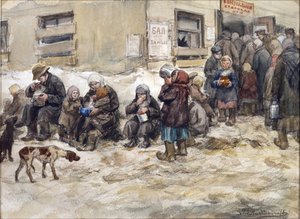 Hungriga år i Petrograd. En ""Gemensam matsal."" av Vladimirov, Ivan Alexeyevich (1869-1947). Akvarell, Gouache på papper. Privat samling av Ivan Alexeyevich Vladimirov