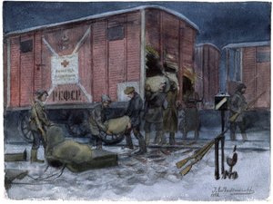 Soldats pillant un wagon de chemin de fer - Soldater som plundrar en järnvägsvagn (ur serien av akvareller ryska revolutionen) - Vladimirov, Ivan Aleksijevitj (1869-1947) - 1922 - Akvarell på papper - 25,8x34,1 - Privat samling av Ivan Alexeyevich Vladimirov